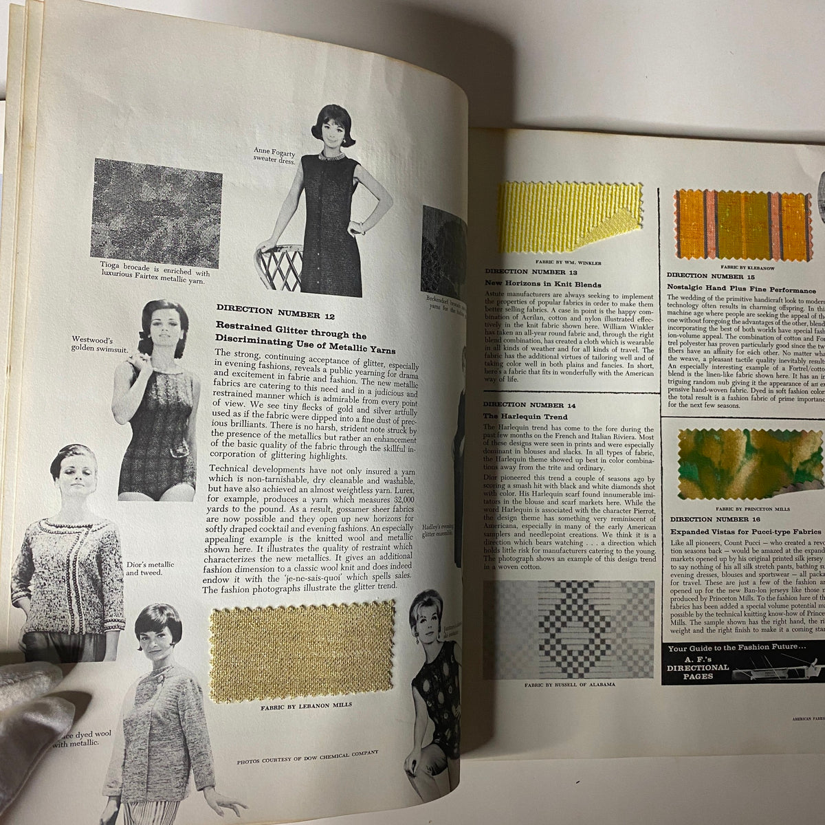 1961-1962 American Fabrics No. 55 Winter Catalog featuring textile samples, designers, and metallic yarn trends.