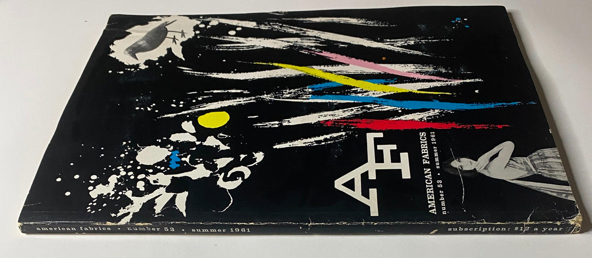 Cover of the 1961 American Fabrics No. 53 Summer Catalog featuring an abstract design in black, white, and vibrant colors, capturing mid-century textile innovation.