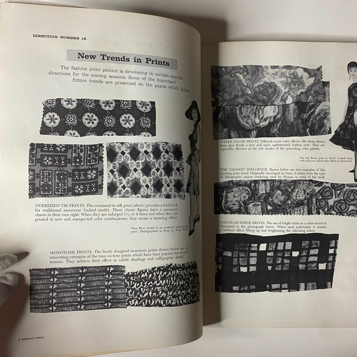 Page from the 1961 American Fabrics No. 53 Summer Catalog highlighting new trends in prints with various fabric patterns, illustrating the evolution of textile design.