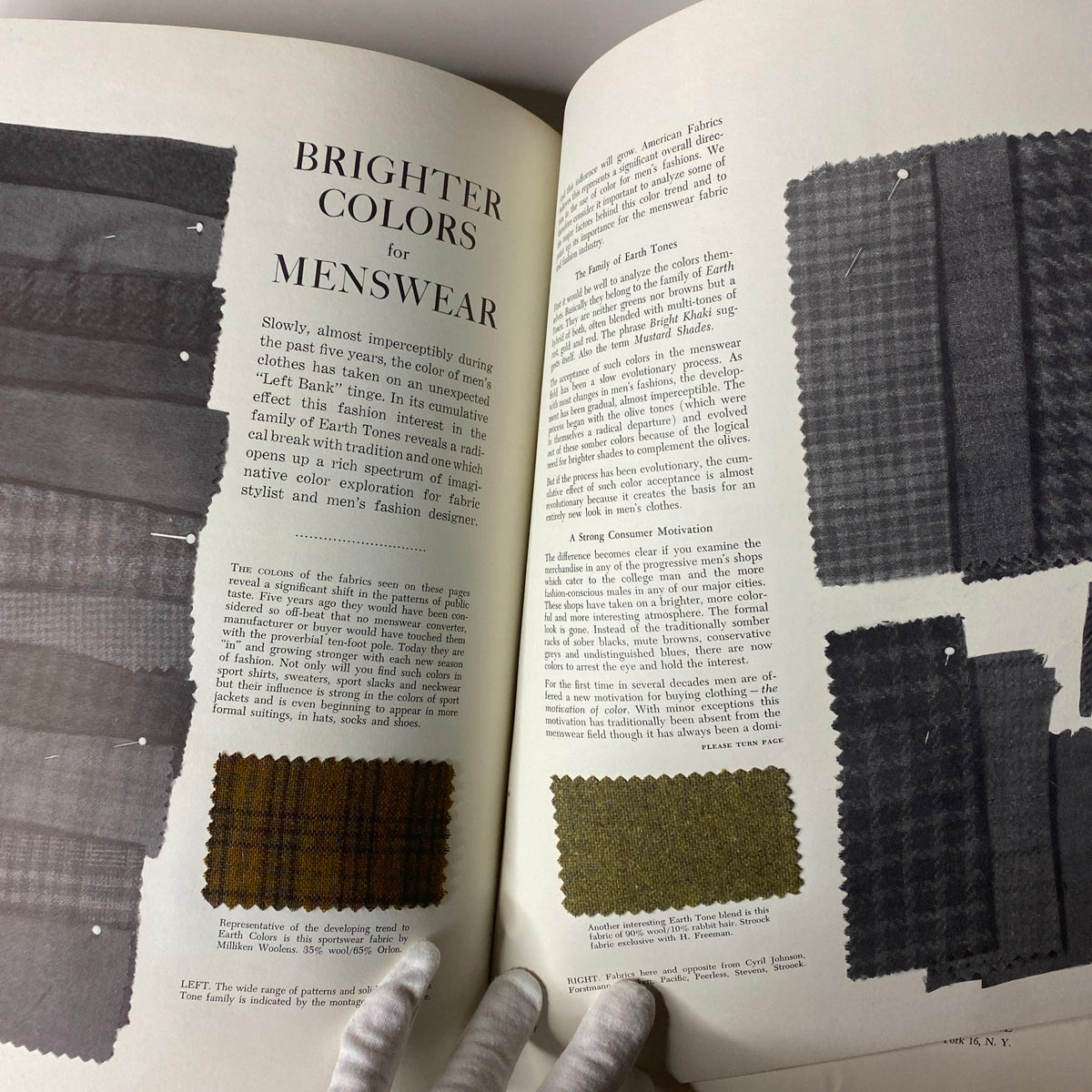 Page from the 1961 American Fabrics No. 53 Summer Catalog discussing brighter colors for menswear with fabric samples, reflecting shifts in fashion trends.