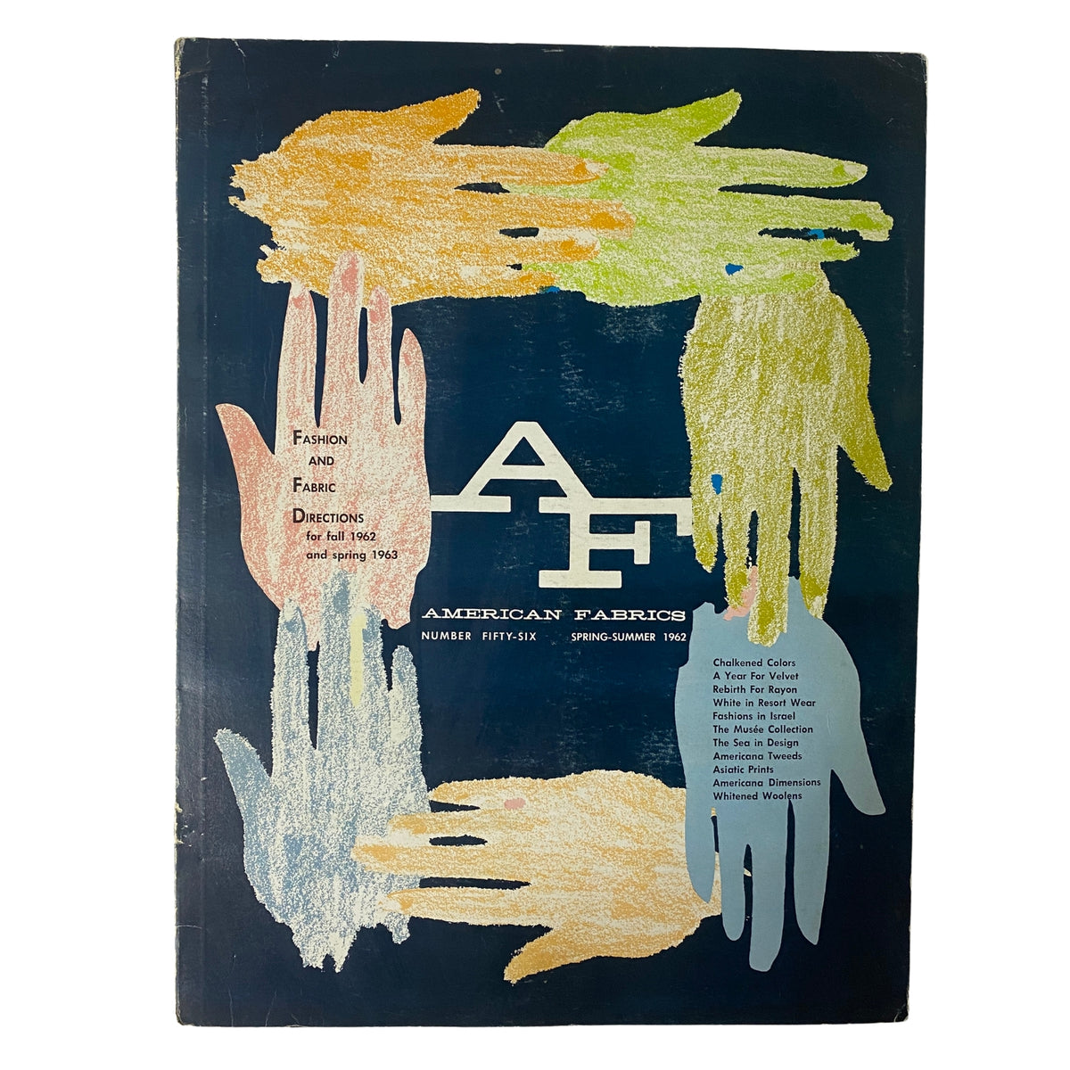 Cover of the 1962 American Fabrics No. 56 Spring & Summer Catalog featuring colorful hand illustrations and the title highlighted in a bold font, symbolizing textile design innovation.