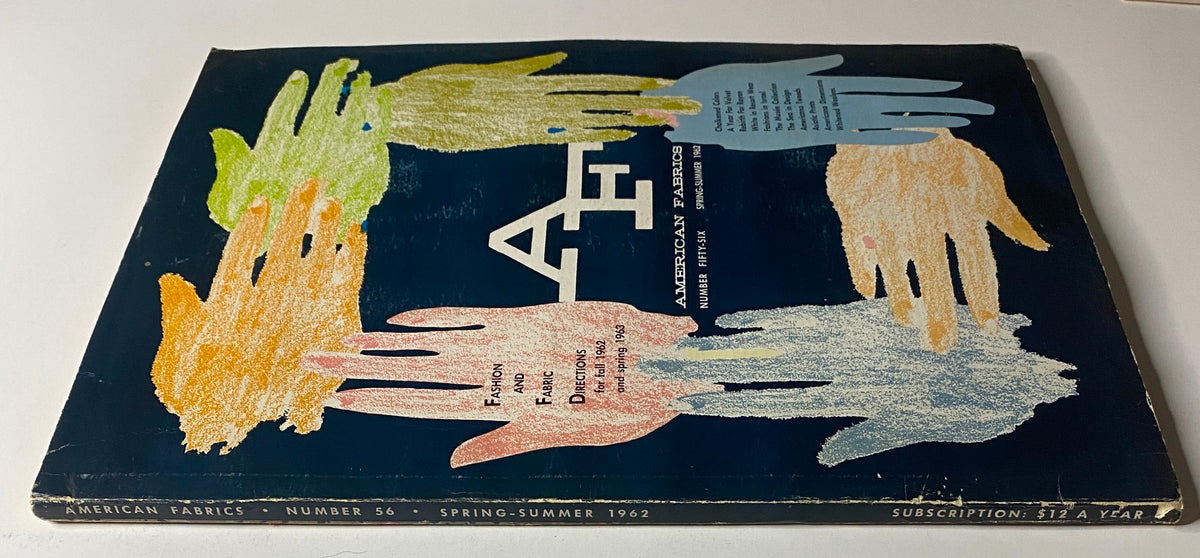 Side view of the 1962 American Fabrics No. 56 Spring & Summer Catalog showing vibrant hand graphics and the issue number underlined, reflecting mid-century artistic textile trends.