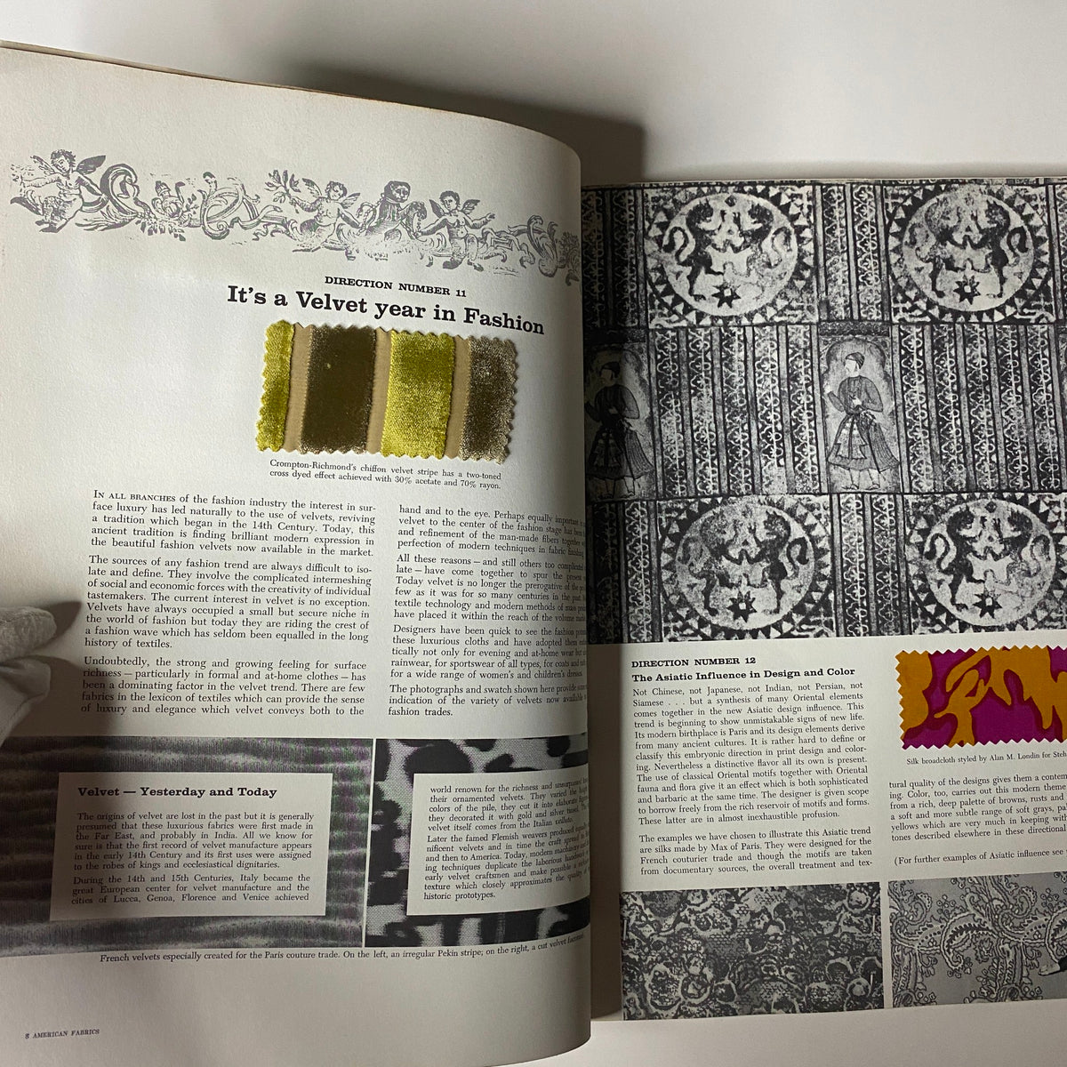 Interior view of the 1962 American Fabrics No. 56 Spring & Summer Catalog showcasing samples with text on velvet fashion trends.