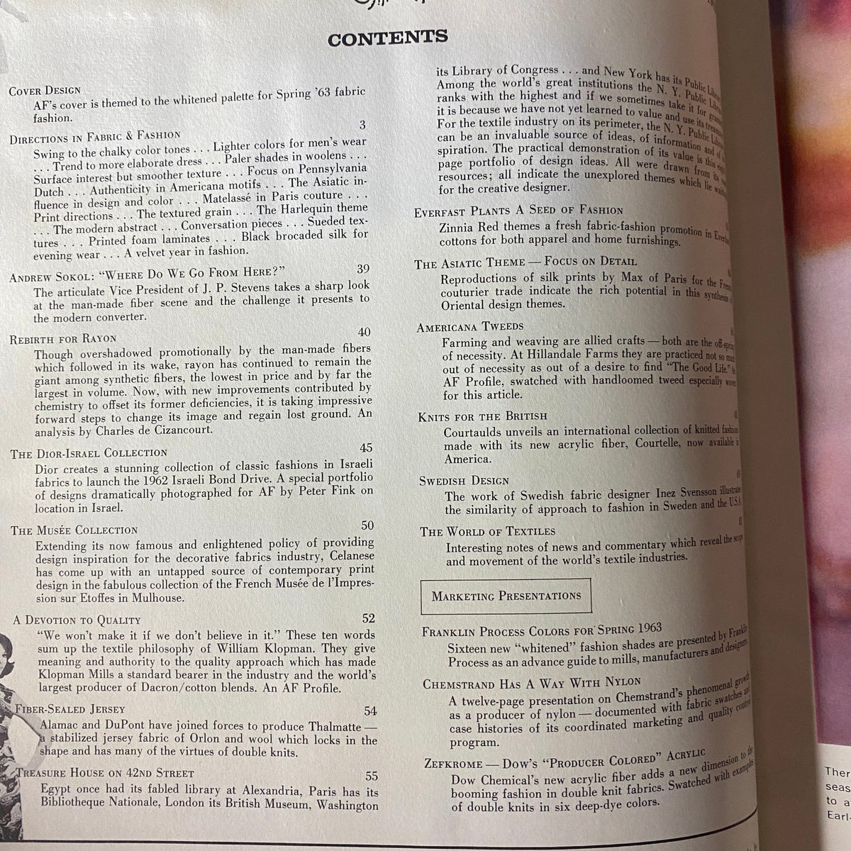 Table of contents page from the 1962 American Fabrics No. 56 Spring & Summer Catalog, detailing featured sections on fashion and fabric.