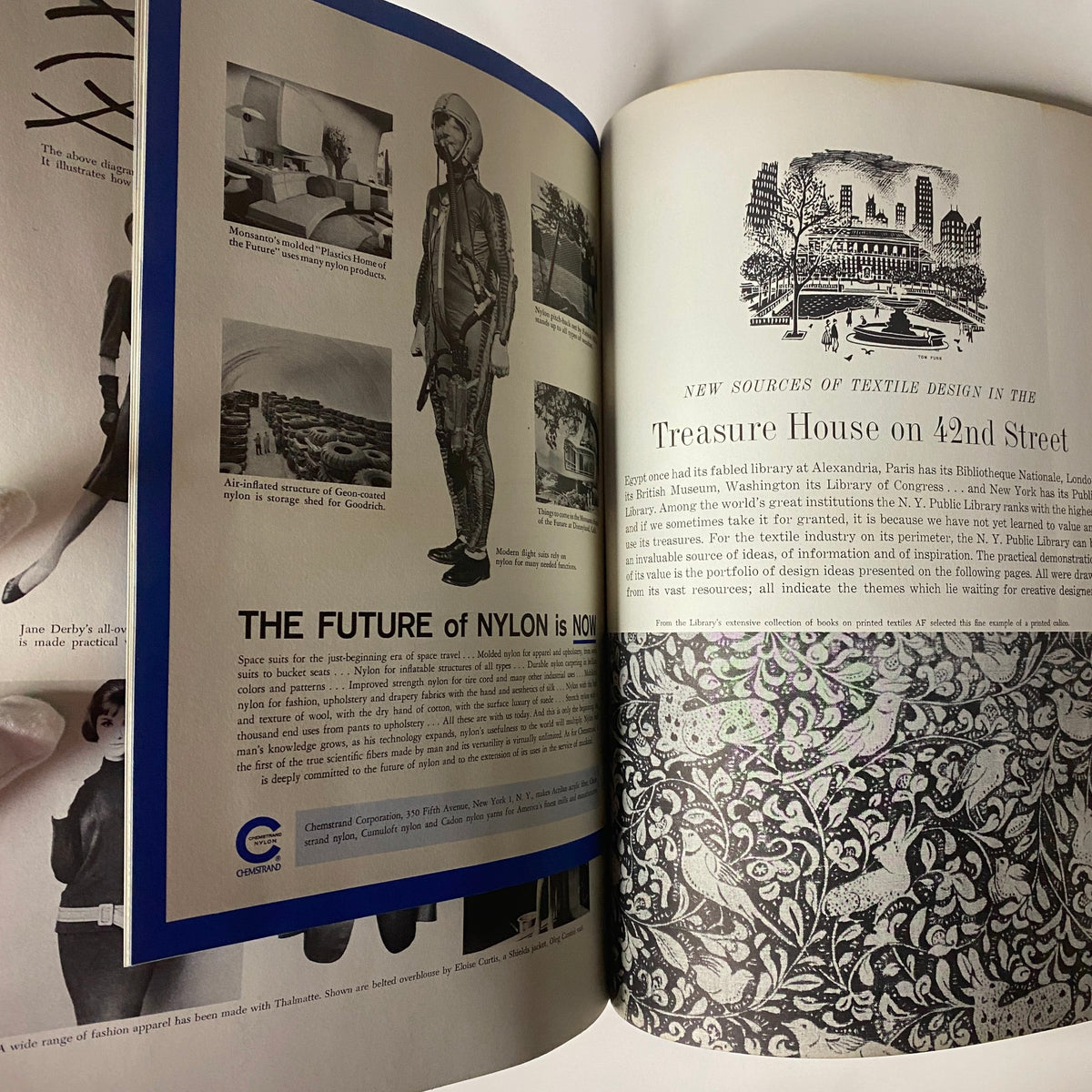 Page from the 1962 American Fabrics No. 56 Spring & Summer Catalog highlighting the future of nylon in fashion and textile design.