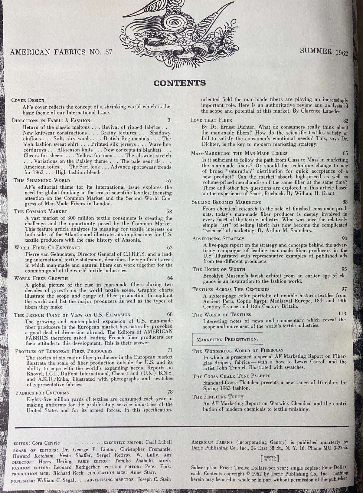 Table of contents from the 1962 American Fabrics No. 57 Summer Catalog, detailing features such as directions in fabric and fashion, global insights, and profiles of European fiber producers.