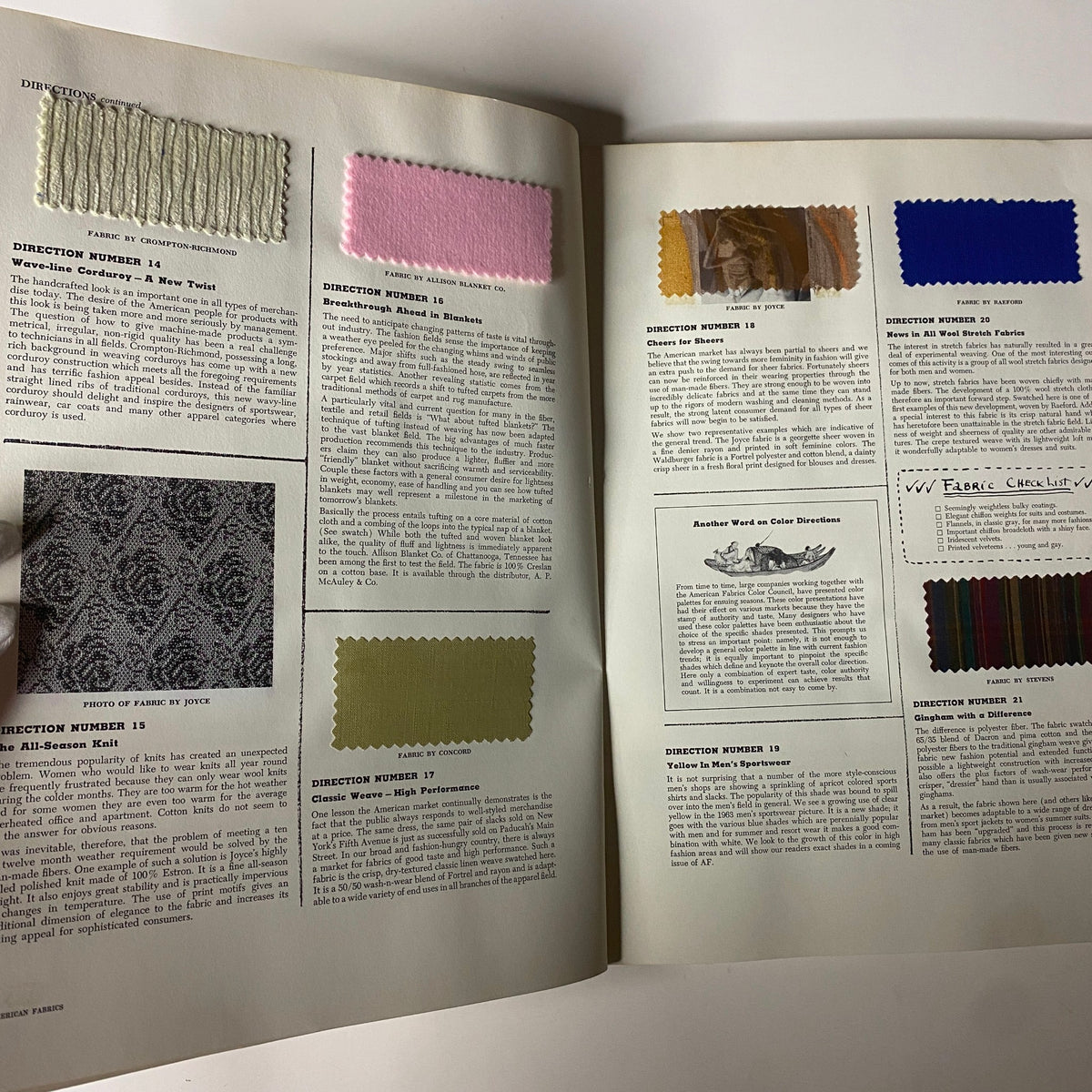 Sample pages from the 1962 American Fabrics No. 57 Summer Catalog showcasing various textile samples and descriptions, including categories like 'All-Season Knits' and 'Classic Wools'.