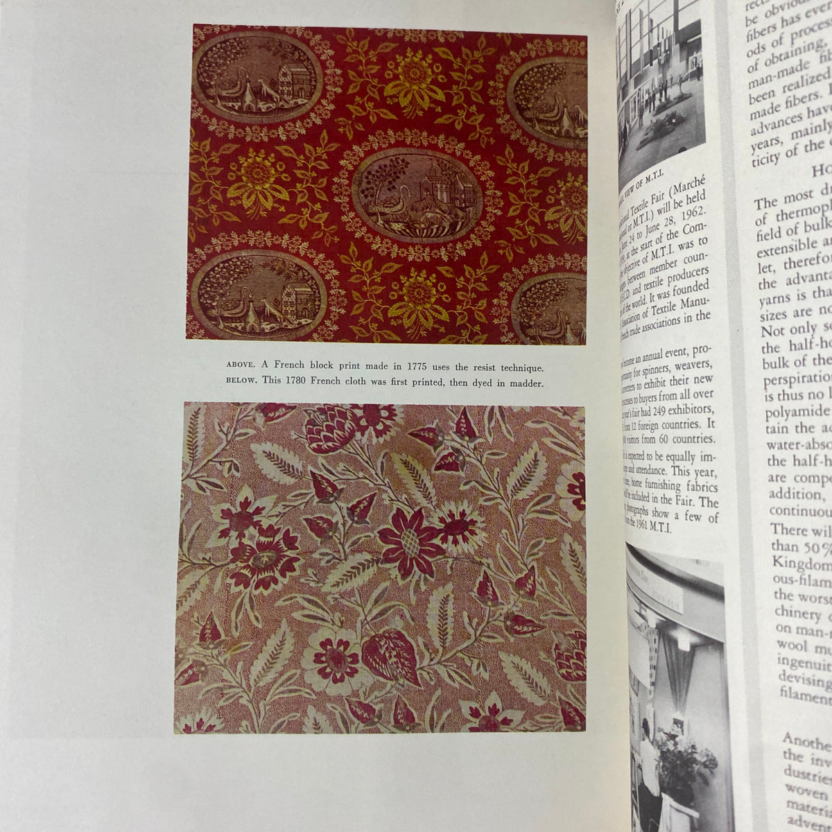 A detailed display of historical textile prints in the 1962 American Fabrics No. 57 Summer Catalog, highlighting a French block print from 1775 and another from 1780, emphasizing the evolution of fabric design.
