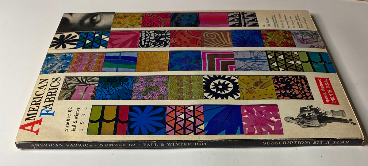 Side view of the 1963 American Fabrics No. 62 Fall and Winter Catalog showcasing intricate patterns and vibrant colors from various fabric designs.