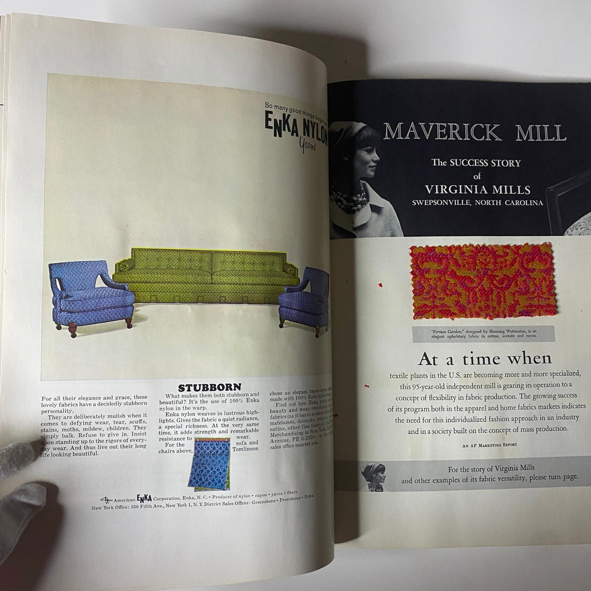 1963 American Fabrics No. 62 Fall and Winter Catalog - A display of upholstery fabrics from Enka Nylon, highlighting the versatility and elegance in textile design.