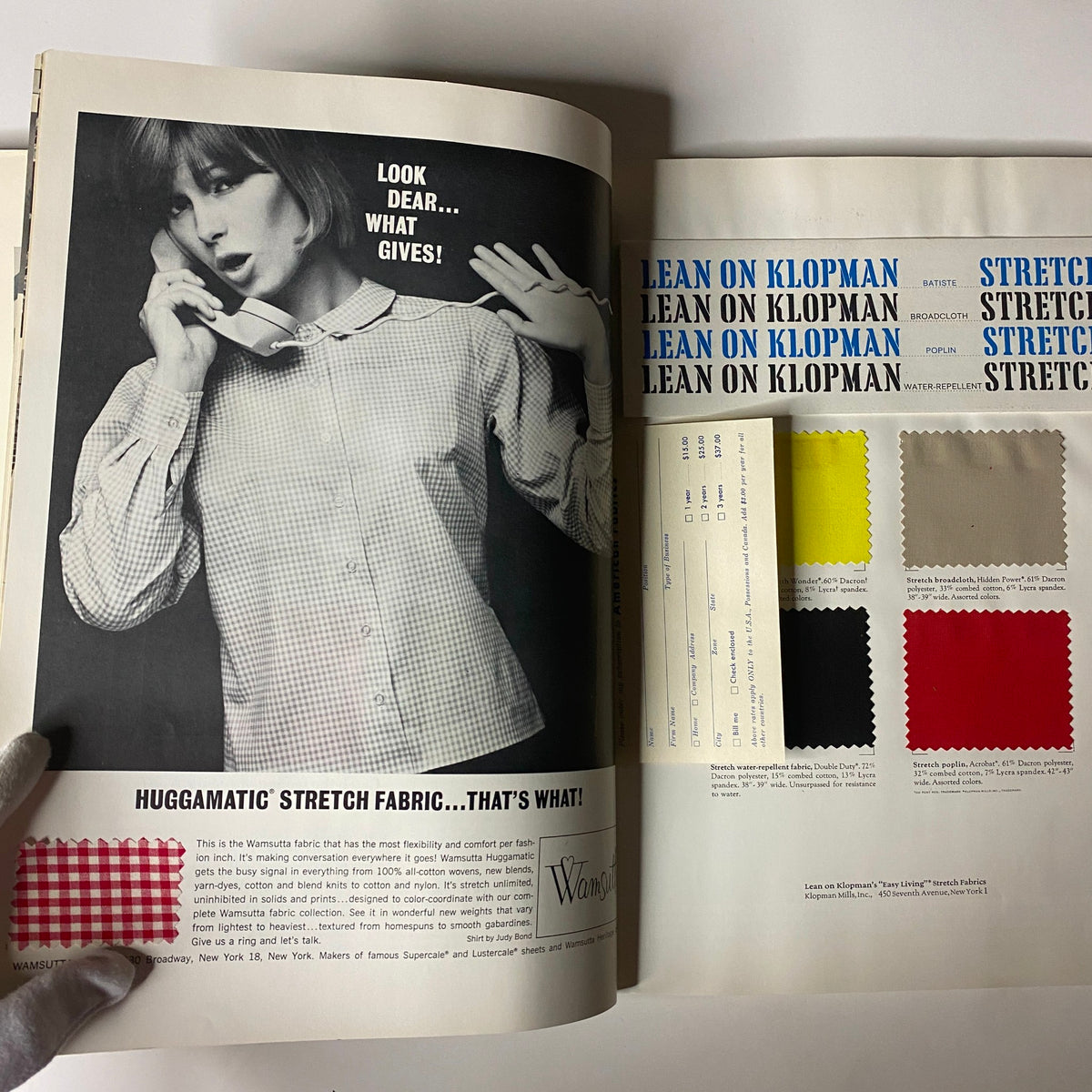 1963 American Fabrics No. 62 Fall and Winter Catalog - An image showcasing advertising for Klopman stretch fabrics, illustrating modern fabric innovations.