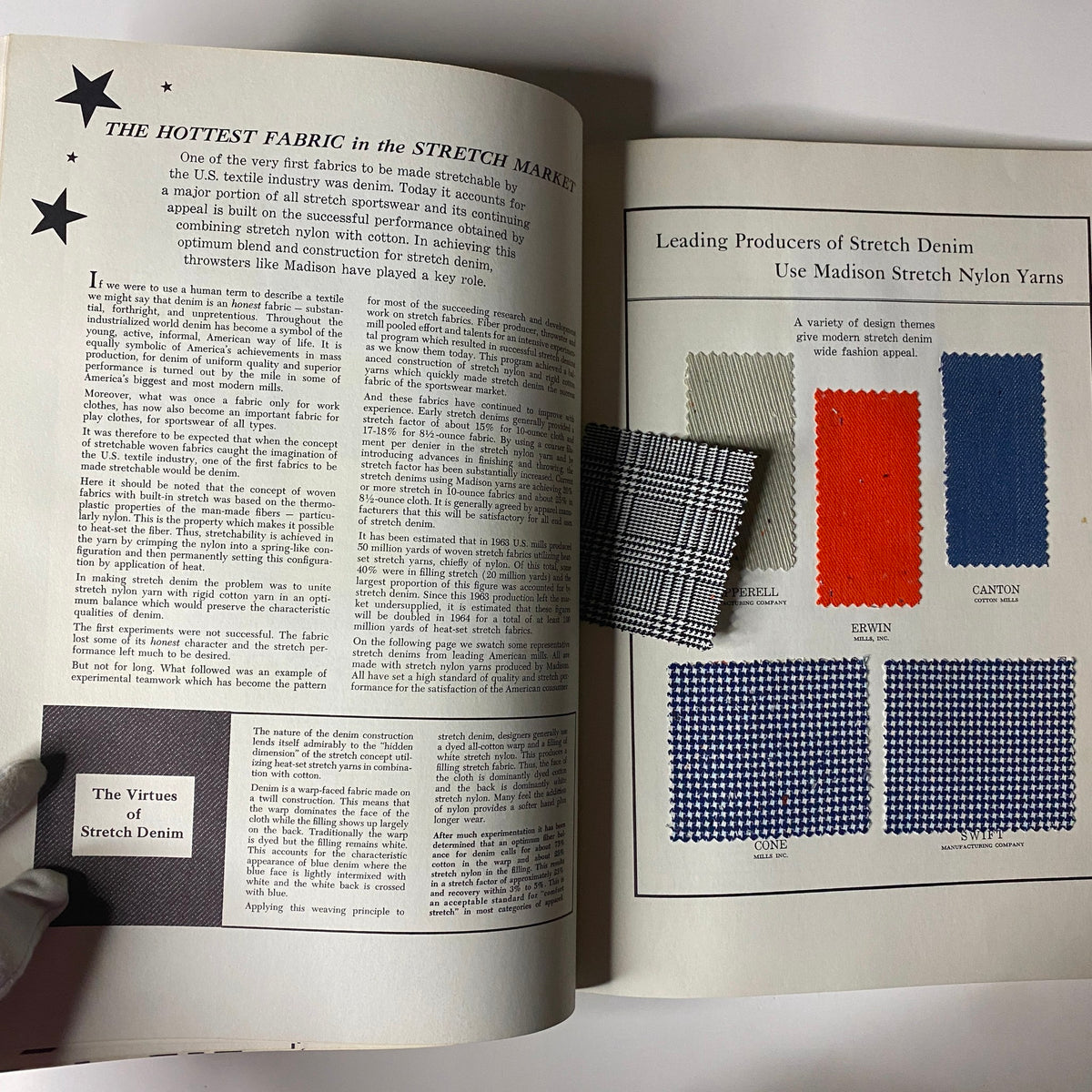 Page from the 1964 American Fabrics No. 65 Fall Catalog featuring text about the impact of stretch denim in the textile industry, showcasing fabric samples and detailed descriptions of stretch innovations.