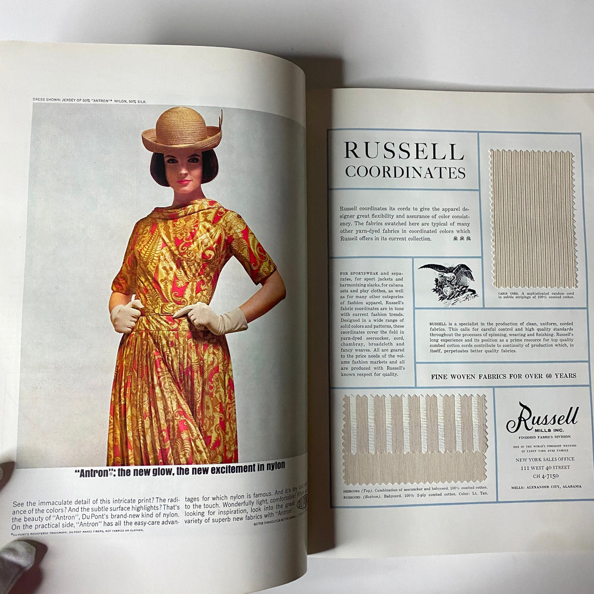 A fashion page from the 1964 American Fabrics No. 65 Fall Catalog displaying a model in a colorful dress made of 'Antron' nylon, along with a section highlighting Russell fabric coordinates.