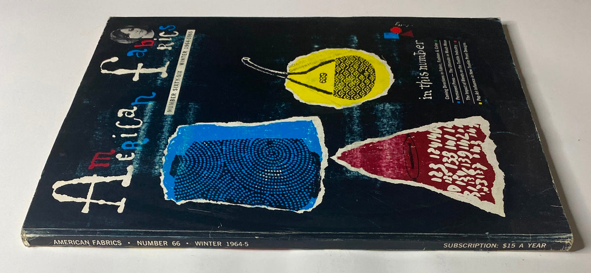 Back cover of the 1964-1965 American Fabrics No. 66 Winter Catalog showcasing unique designs and textile information.