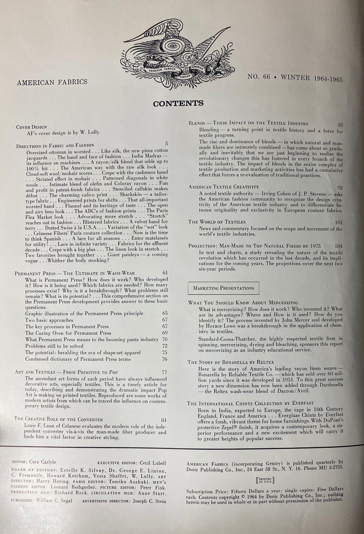Contents page of the 1964-1965 American Fabrics No. 66 Winter Catalog, outlining key articles and topics on textile advancements.