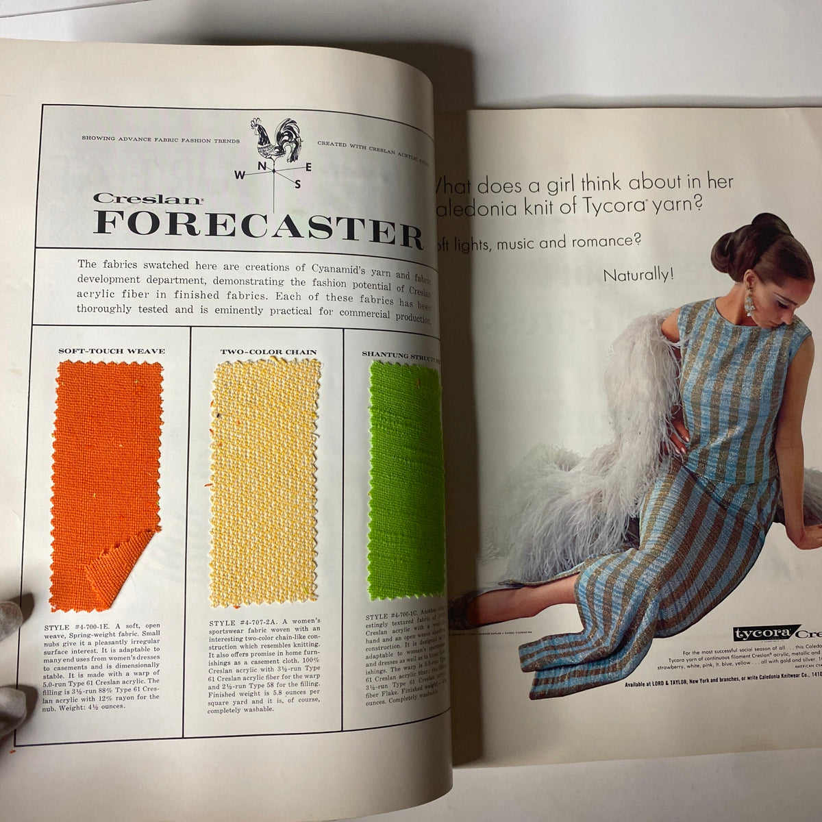 Forecasting page from the 1964-1965 American Fabrics No. 66 Winter Catalog illustrating innovative fabric swatches and fashion insights.