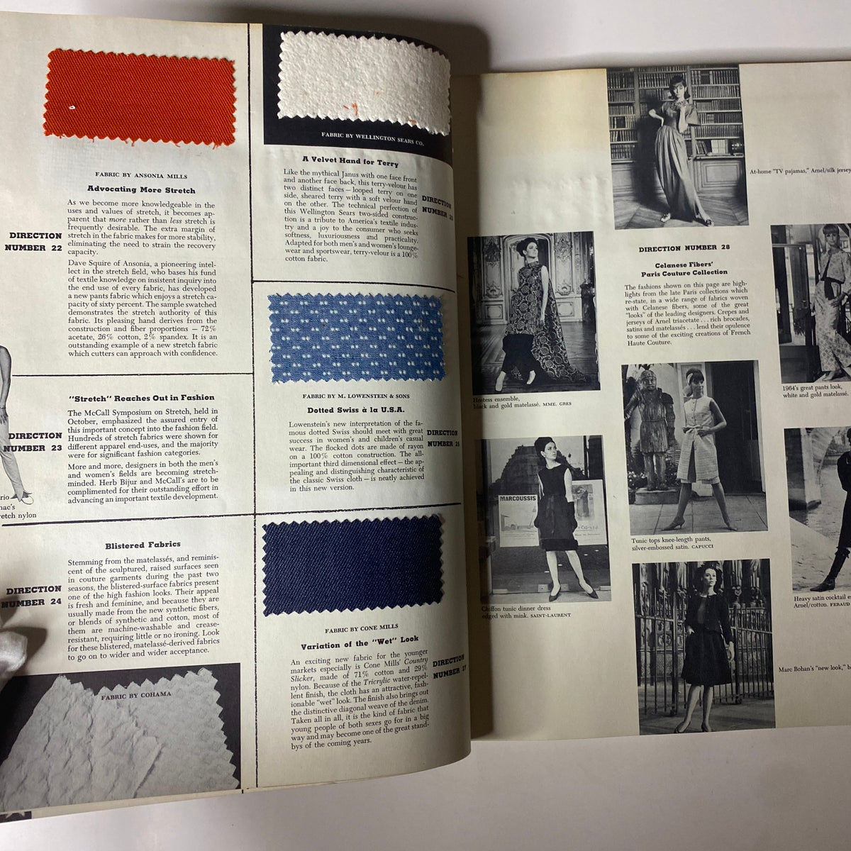 Interior page displaying various textile samples in the 1964-1965 American Fabrics No. 66 Winter Catalog with innovations in fabric technology.