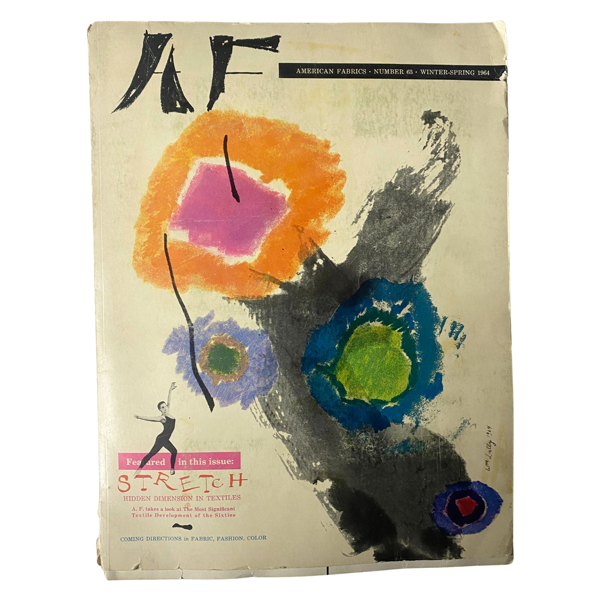 Cover of the 1964 American Fabrics No. 63 Winter & Spring Catalog showcasing vibrant floral illustrations and bold typography, titled 'Featured in this issue: Stretch - Hidden Dimension in Textiles', highlighting textile innovations.