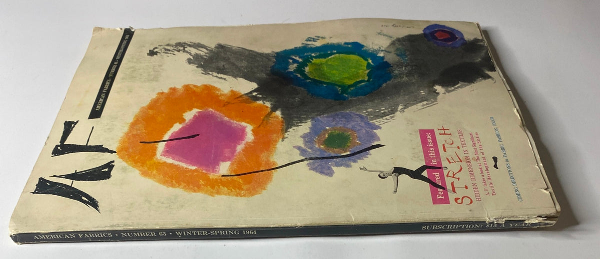 Cover of the 1964 American Fabrics No. 63 Winter & Spring Catalog showcasing colorful abstract designs and featuring 'S-T-R-E-T-C-H' prominently highlighted, emphasizing textile innovation and fashion.