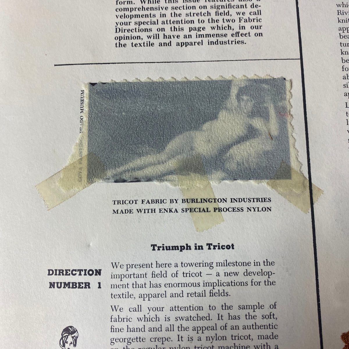 1964 American Fabrics No. 63 Winter & Spring Catalog page showcasing a close-up of a textile sample labeled 'Tricot Fabric by Burlington Industries.' This page highlights advancements in fabric development and their implications for fashion.