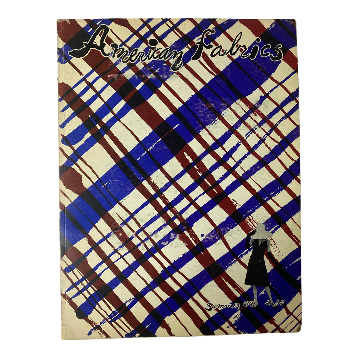 Cover of the 1964 American Fabrics No. 64 Summer Catalog featuring a colorful plaid design in red, blue, and white with a silhouette of a fashionable woman, capturing the essence of summer fashion trends.