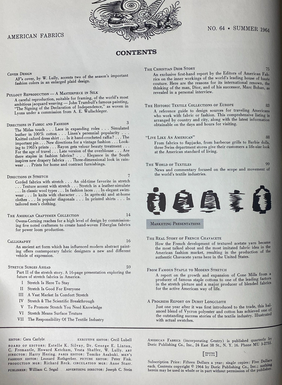 Contents page from the 1964 American Fabrics No. 64 Summer Catalog featuring sections on cover design, fabric and fashion directions, and a detailed overview of industry insights.