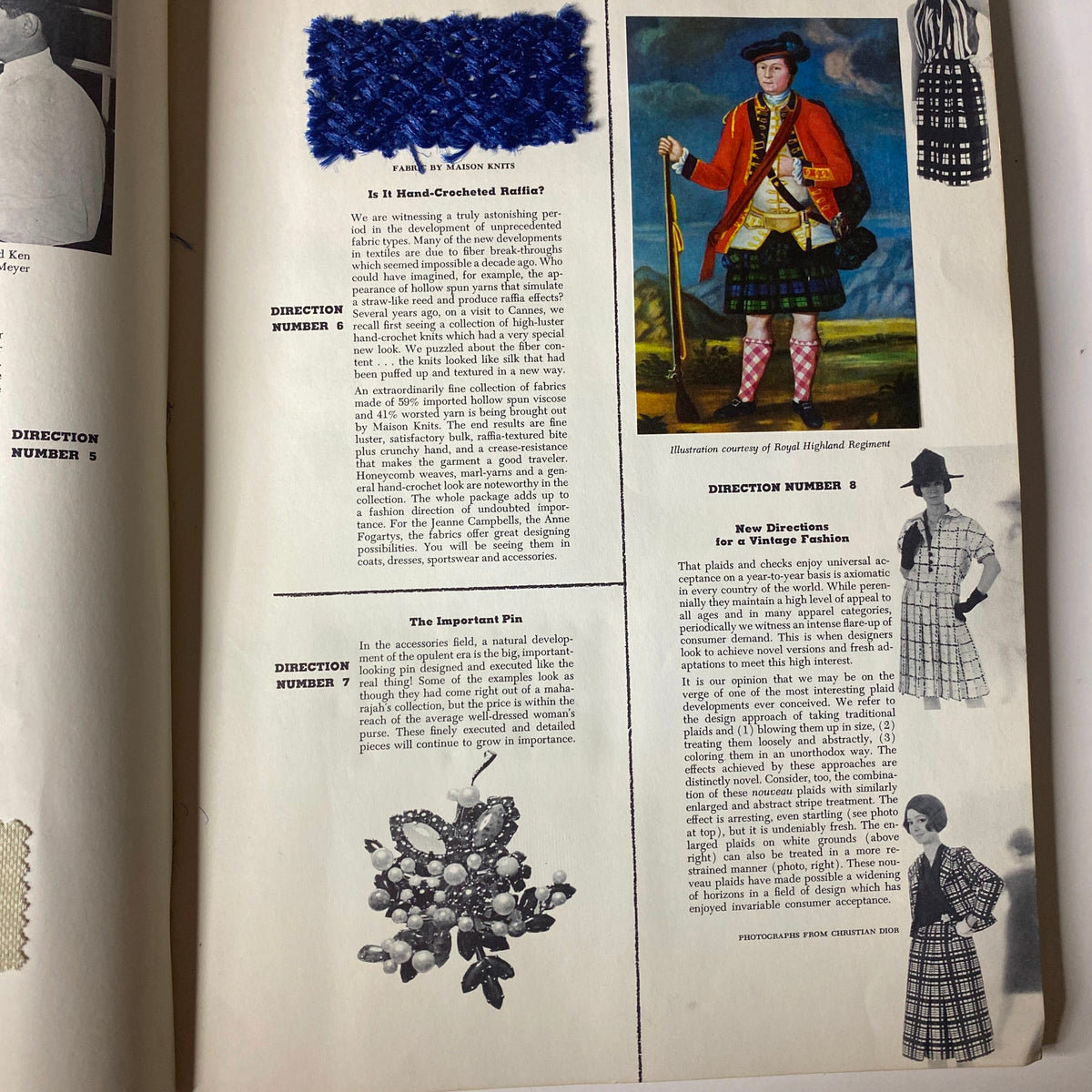 Illustration and textile samples depicting the latest trends and stretch directions in fashion from the 1964 American Fabrics No. 64 Summer Catalog.