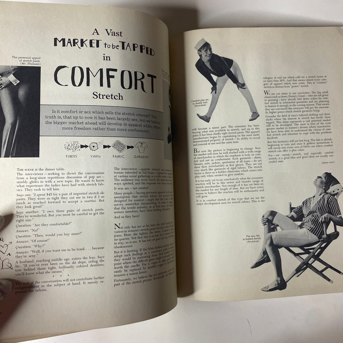 Innovative fabric design concept and market analysis on comfort stretch in apparel from the 1964 American Fabrics No. 64 Summer Catalog.