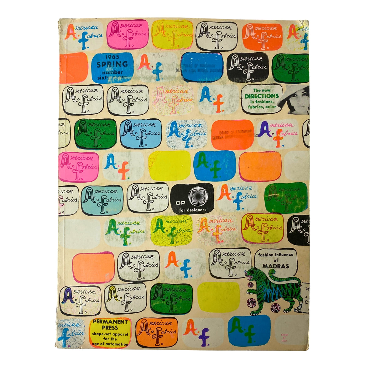Cover of the 1965 American Fabrics No. 67 Spring Catalog featuring vibrant graphic designs and multiple colored labels, showcasing the textile innovations of the mid-1960s.
