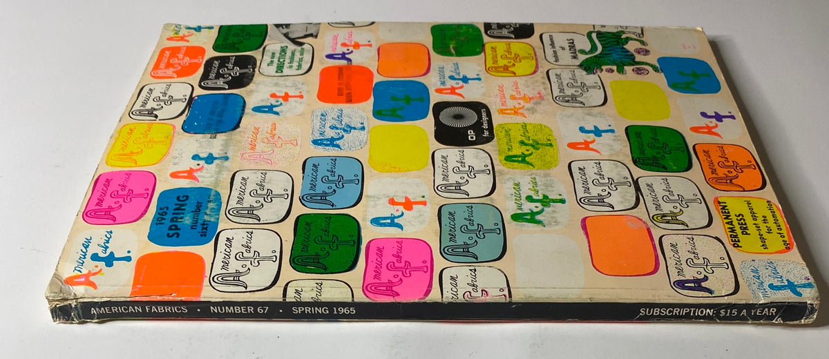 Back cover of the 1965 American Fabrics No. 67 Spring Catalog displaying colorful patterns and subscription information, highlighting the issue's unique design elements.