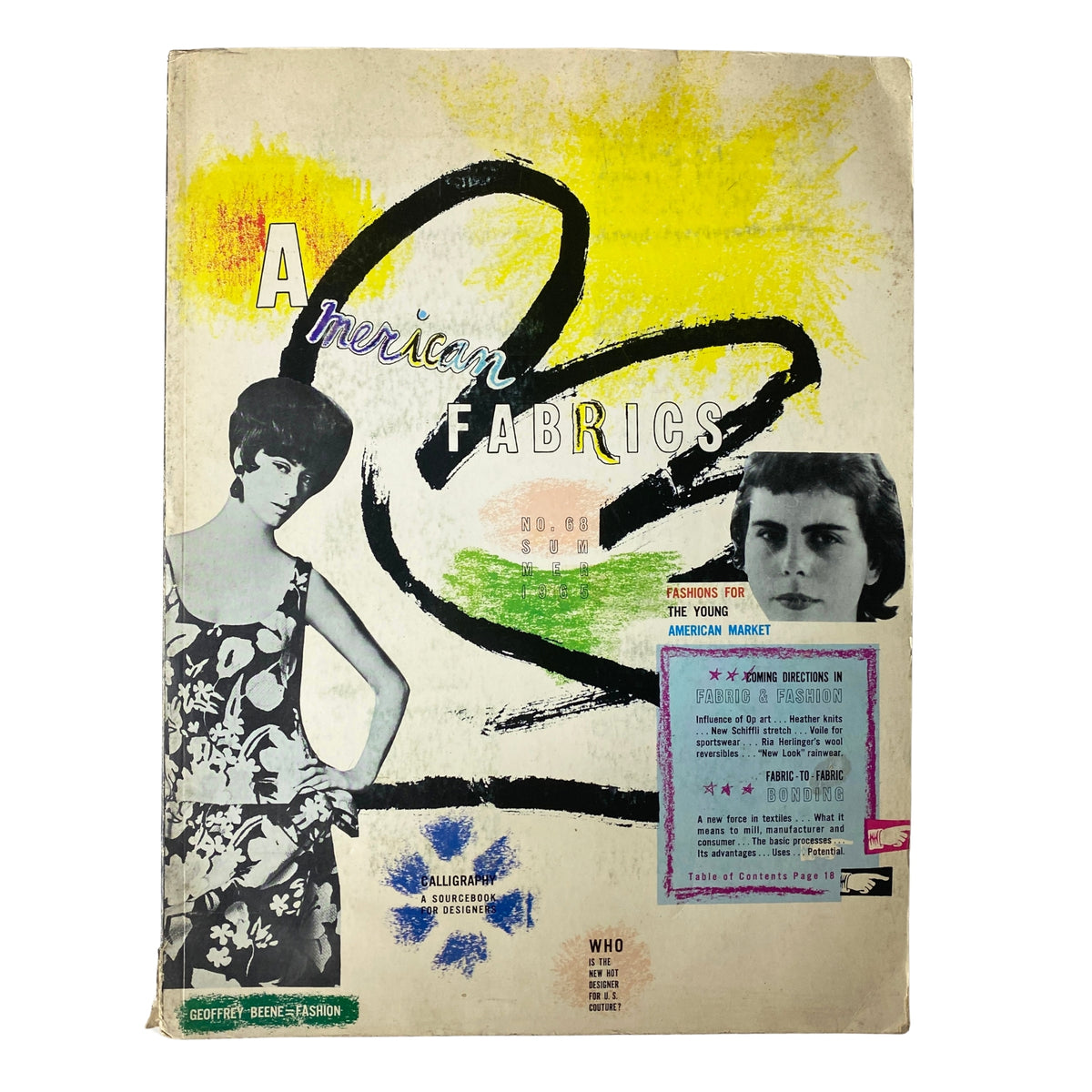 1965 American Fabrics No. 68 Summer Catalog cover featuring a fashion model, vibrant colors, and textual elements highlighting textiles and design.