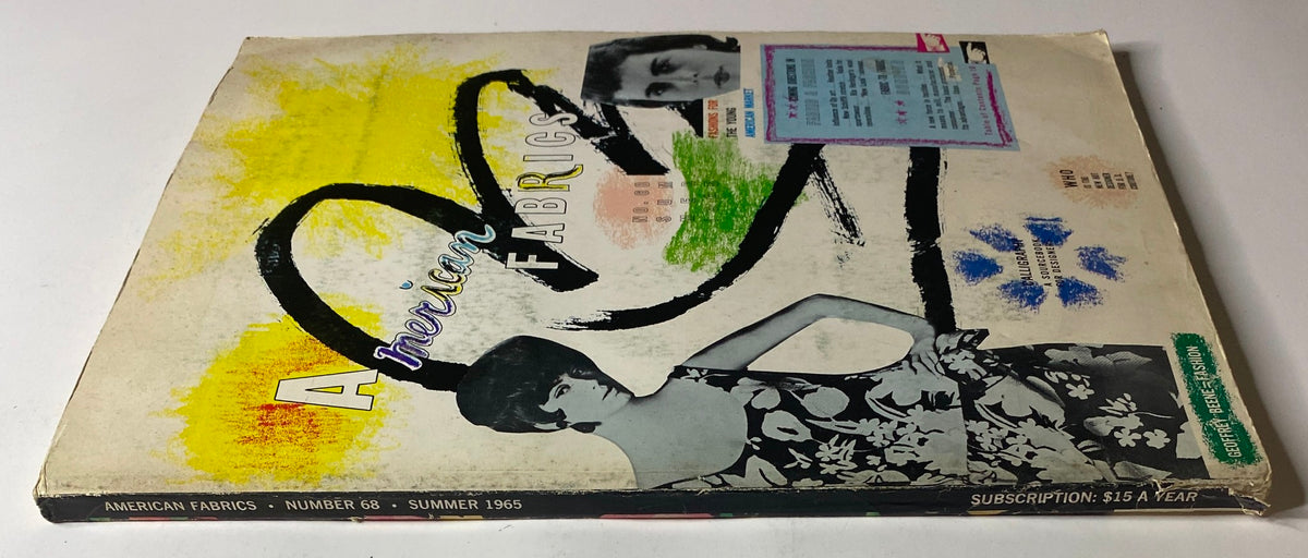 Alternative view of the 1965 American Fabrics No. 68 Summer Catalog showcasing the artistic cover design with a young model and colorful graphics.