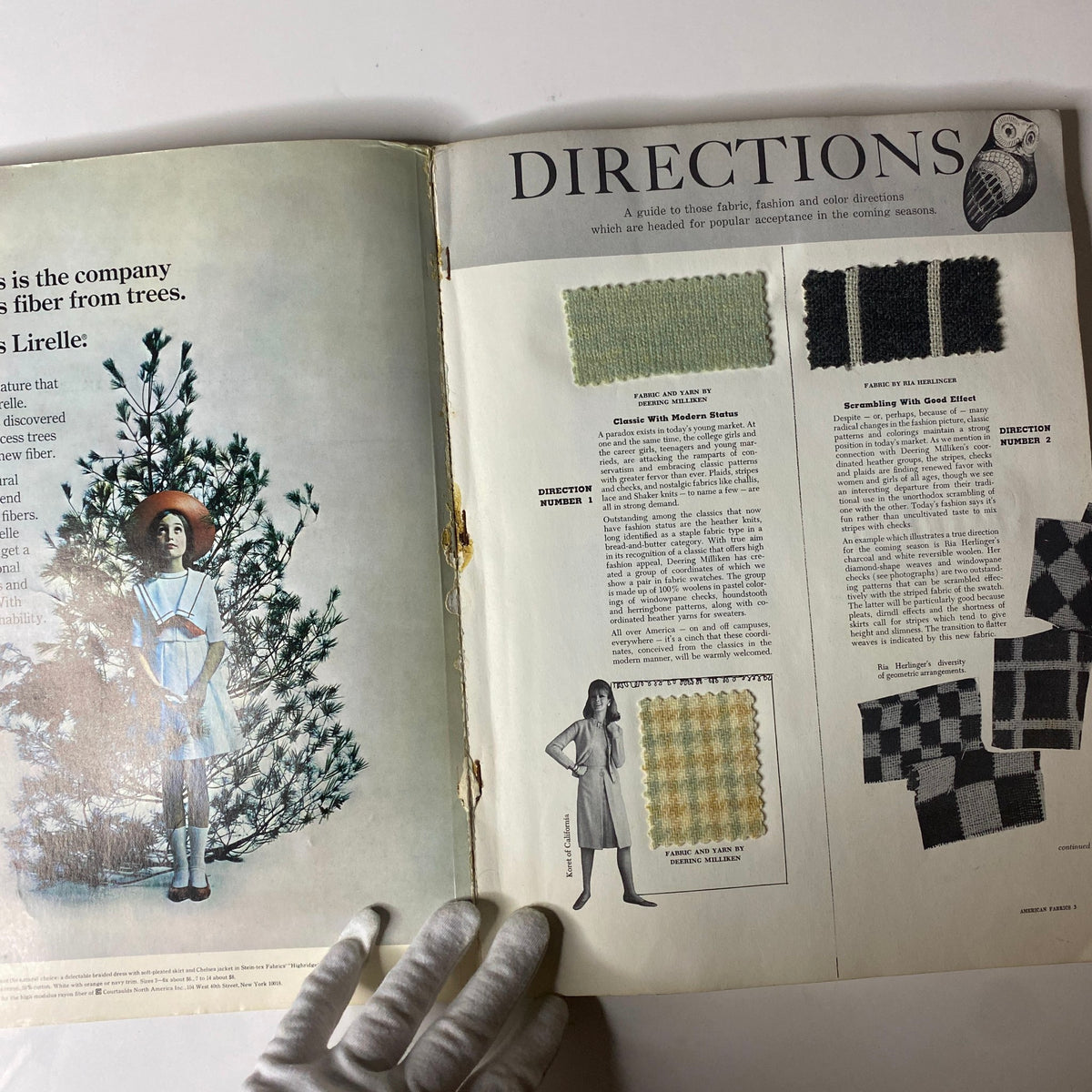 Interior page from the 1965 American Fabrics No. 68 Summer Catalog displaying directions in fabric fashion with fabric samples and styling suggestions.