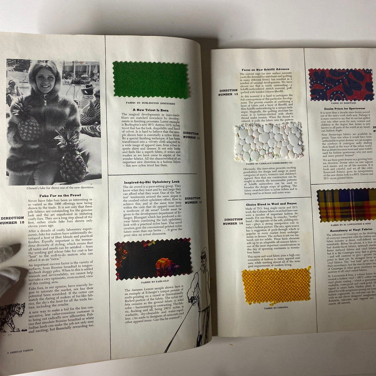 Another interior page from the 1965 American Fabrics No. 68 Summer Catalog featuring various fabric samples and fashion direction insights for upcoming seasons.