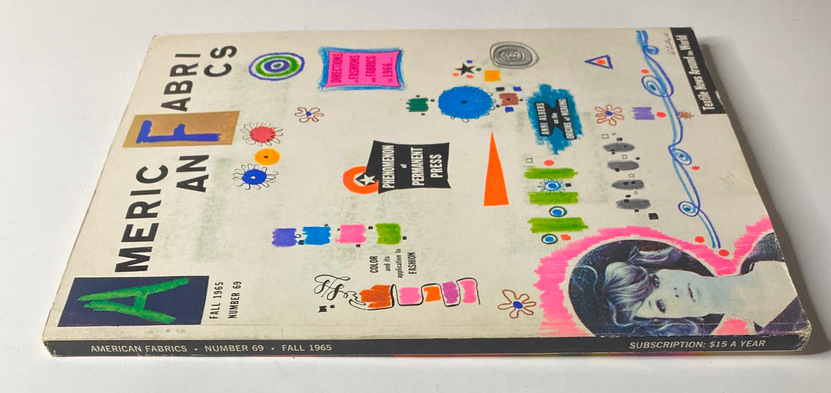 Cover of the 1965 American Fabrics No. 69 Fall Catalog featuring vibrant graphics and fabric samples, showcasing the fusion of fashion design and textile technology.