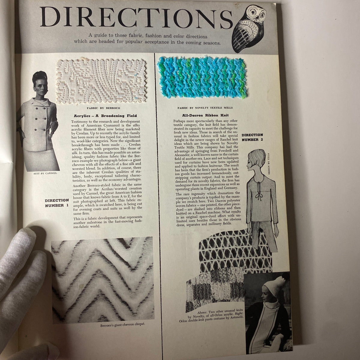 Page from the 1965 American Fabrics No. 69 Fall Catalog highlighting directions in fabric and fashion with fabric samples and fashion illustrations.