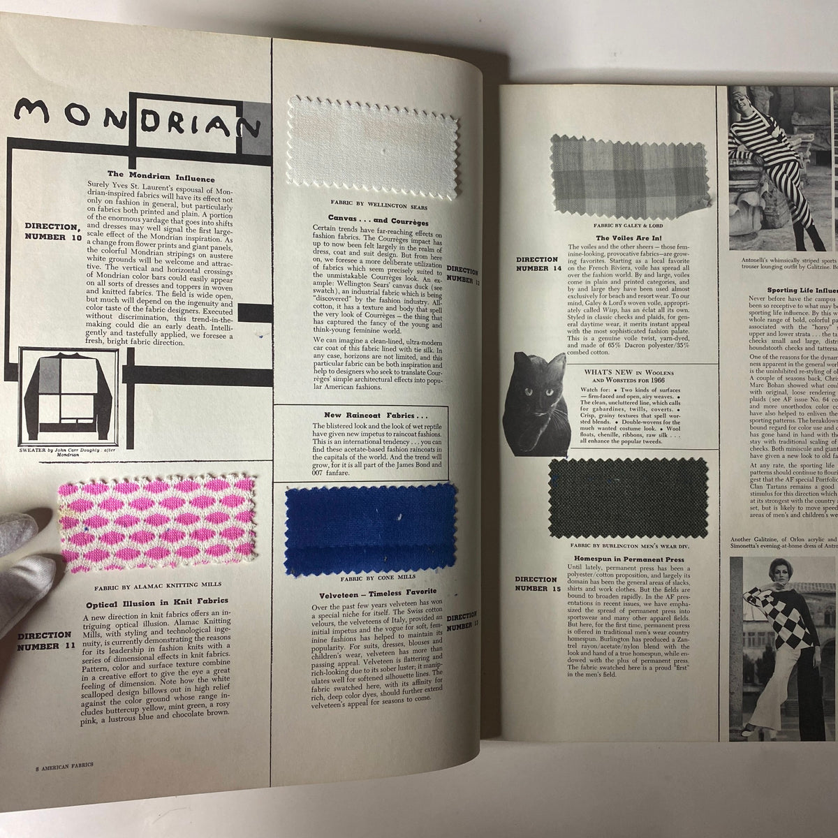 Page from the 1965 American Fabrics No. 69 Fall Catalog featuring trends influenced by Mondrian, displaying fabric samples and fashion concepts.