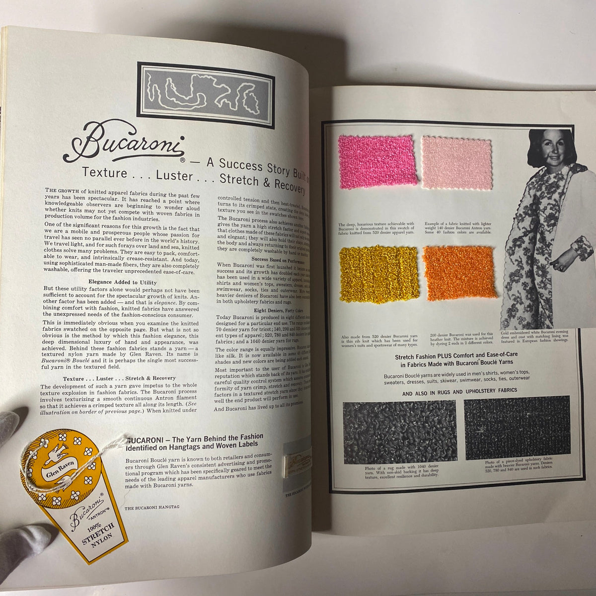 1965 American Fabrics No. 69 Fall Catalog page showcasing the Bucaroni yarn, detailing its texture, luster, stretch, and recovery features, with colorful fabric samples and a model wearing apparel made from Bucaroni.