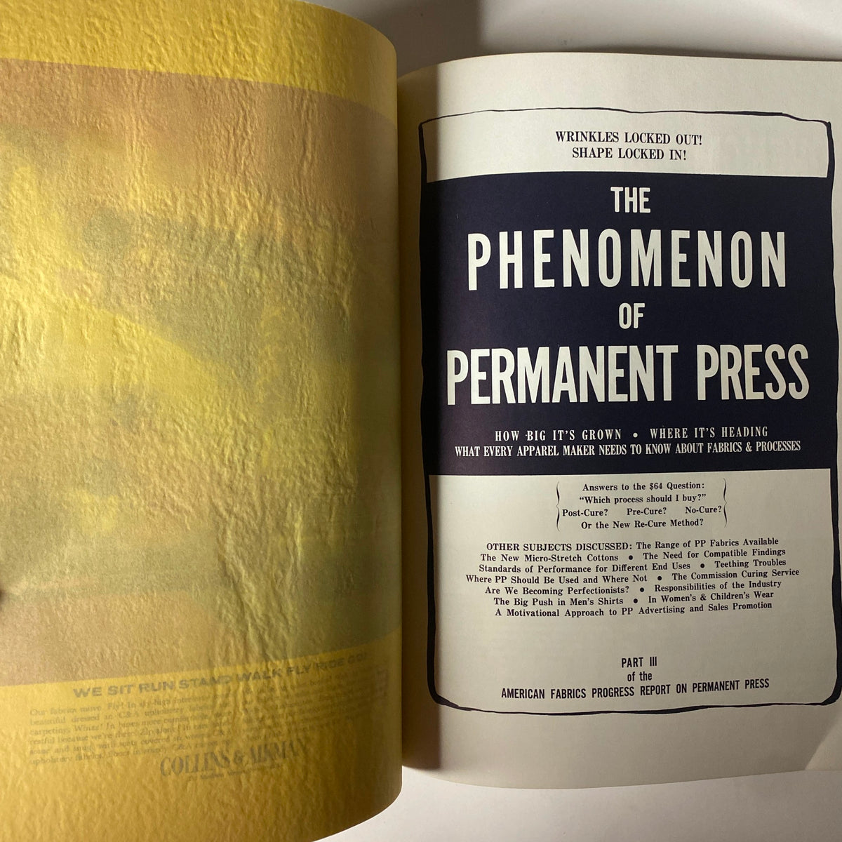 1965 American Fabrics No. 69 Fall Catalog featuring The Phenomenon of Permanent Press article, discussing fabric technology advancements for wrinkle-free designs, and what every apparel maker needs to know about fabrics and processes.