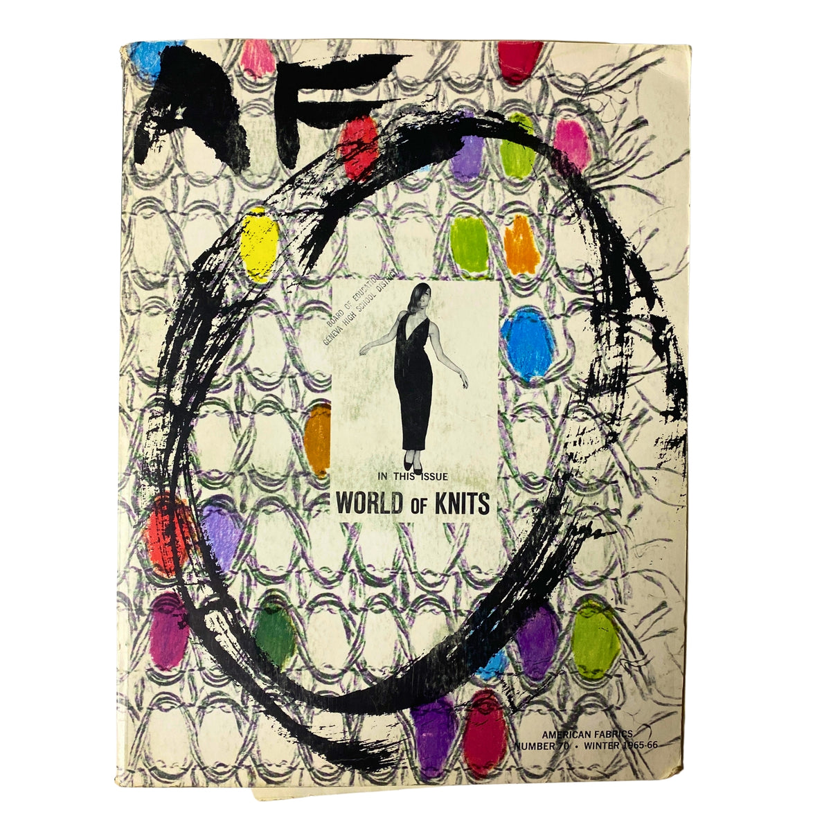 Cover of the 1965-1966 American Fabrics No. 70 Winter Catalog showcasing the theme 'World of Knits', featuring a modern and colorful design with abstract elements and a fashion illustration.