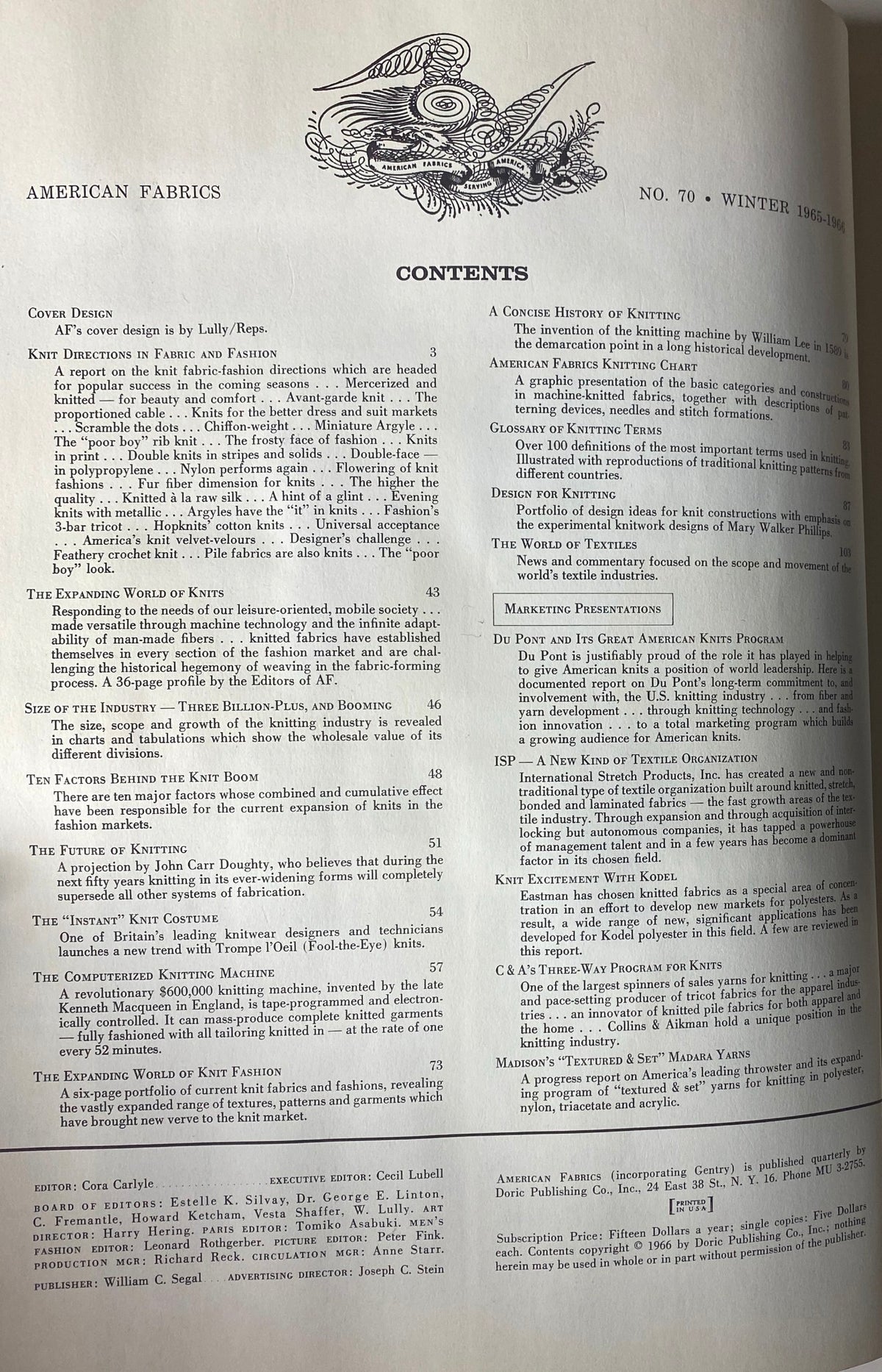 Contents page of the 1965-1966 American Fabrics No. 70 Winter Catalog, showcasing sections on knitting and textile innovations.