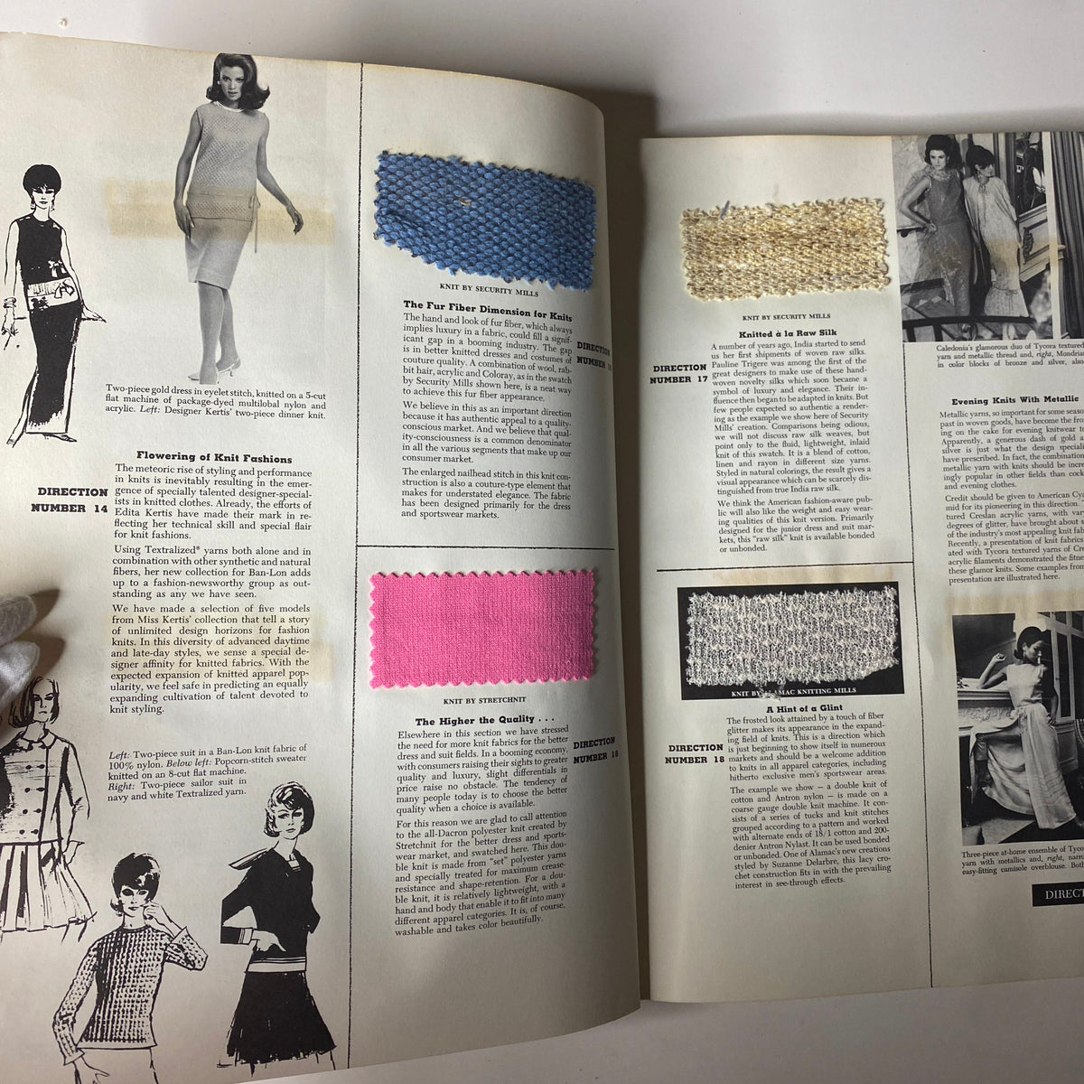 Second spread from the 1965-1966 American Fabrics No. 70 Winter Catalog highlighting textile designs and fashion knit innovations.