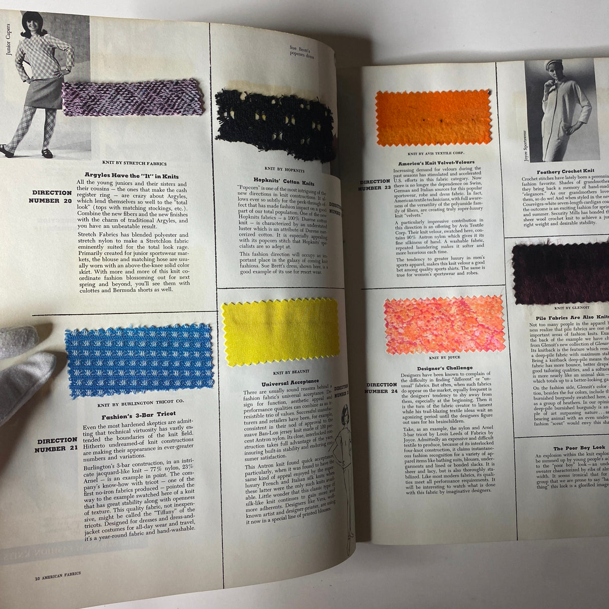 Another spread from the 1965-1966 American Fabrics No. 70 Winter Catalog displaying fabric samples and articles on knitting trends.
