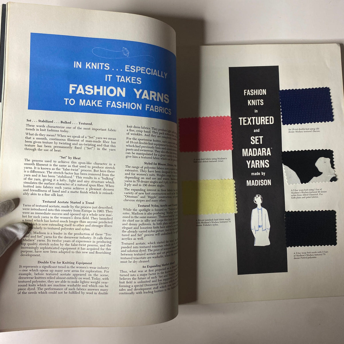 Final spread of the 1965-1966 American Fabrics No. 70 Winter Catalog presenting textured yarns and knitting fabric innovations.