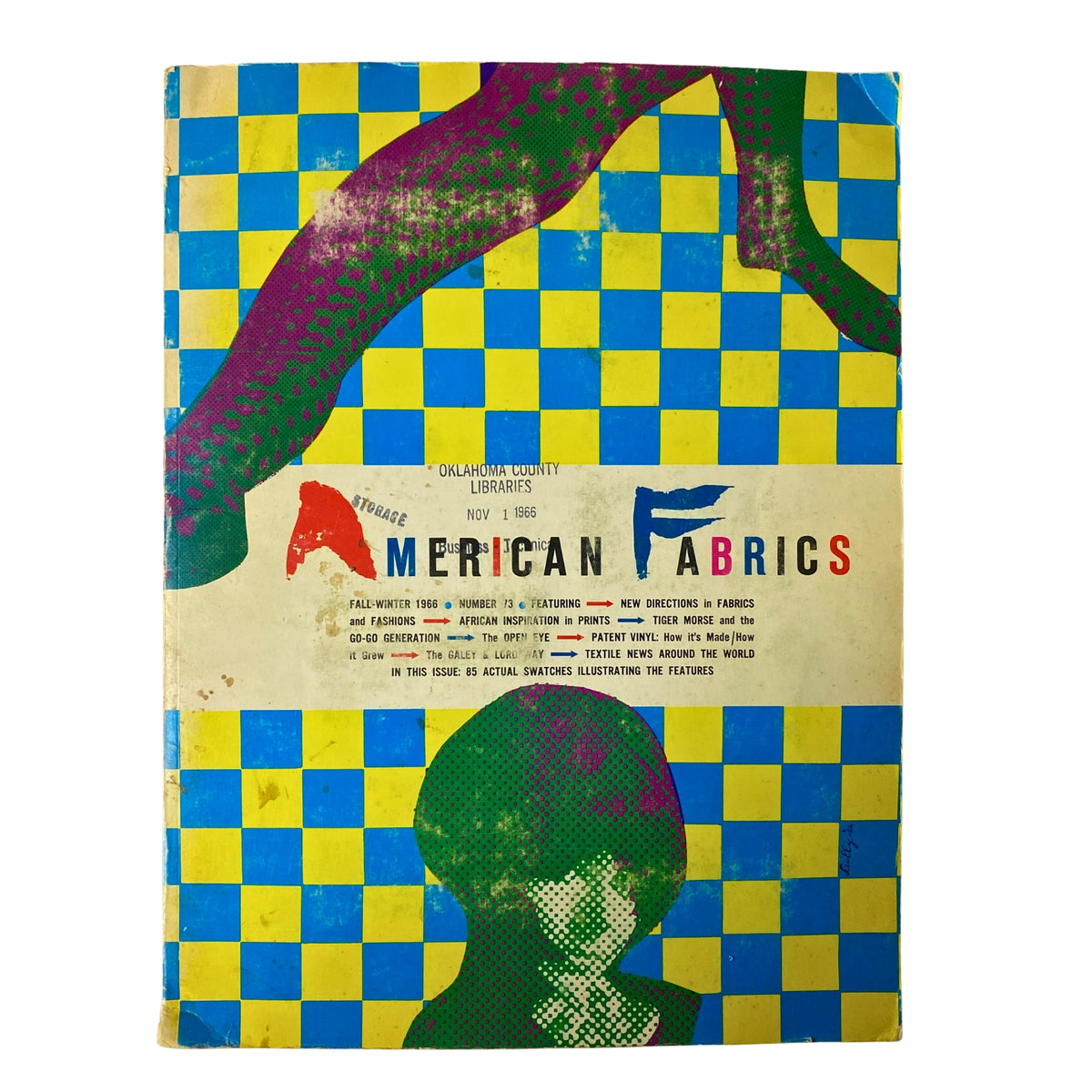 Cover of the 1966 American Fabrics No. 73 Fall-Winter Catalog featuring vibrant, bold colors and unique textile designs indicative of the 1960s fashion era.