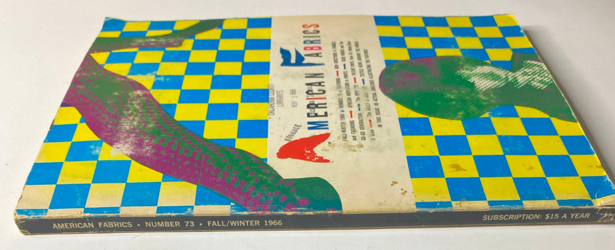 Back cover of the 1966 American Fabrics No. 73 Fall-Winter Catalog showcasing bright checkerboard patterns and abstract fabric designs.