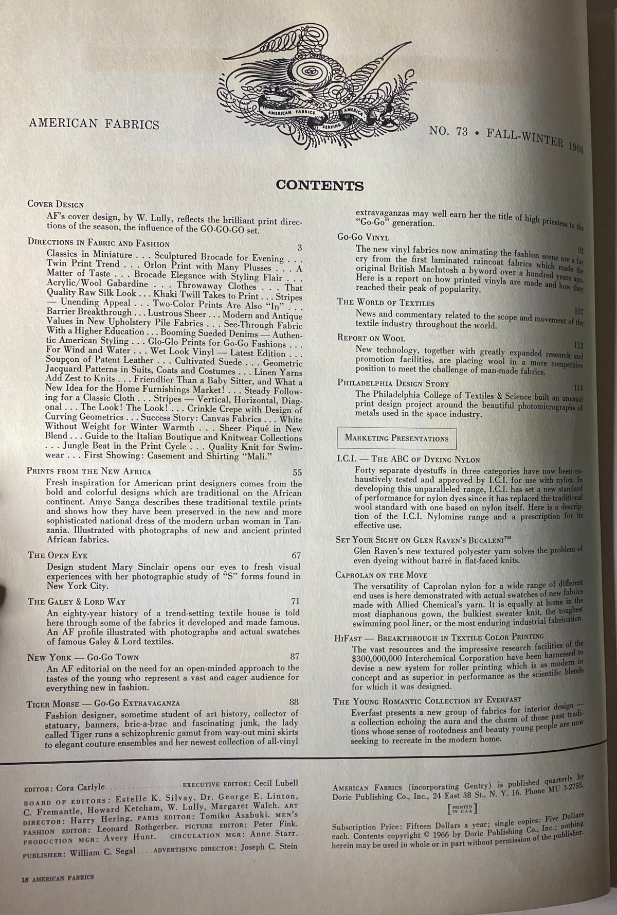 Contents page from the 1966 American Fabrics No. 73 Fall-Winter Catalog illustrating the featured topics on textile designs and trends of the era.