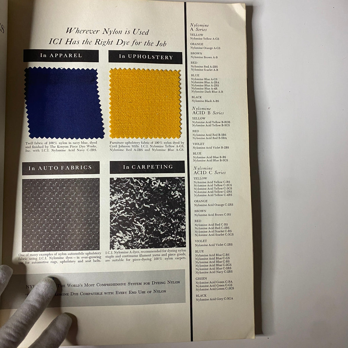1966 American Fabrics No. 73 Fall-Winter Catalog showing nylon dye color samples for apparel, upholstery, auto fabrics, and carpeting. Features ICI's nylon dyeing innovations.