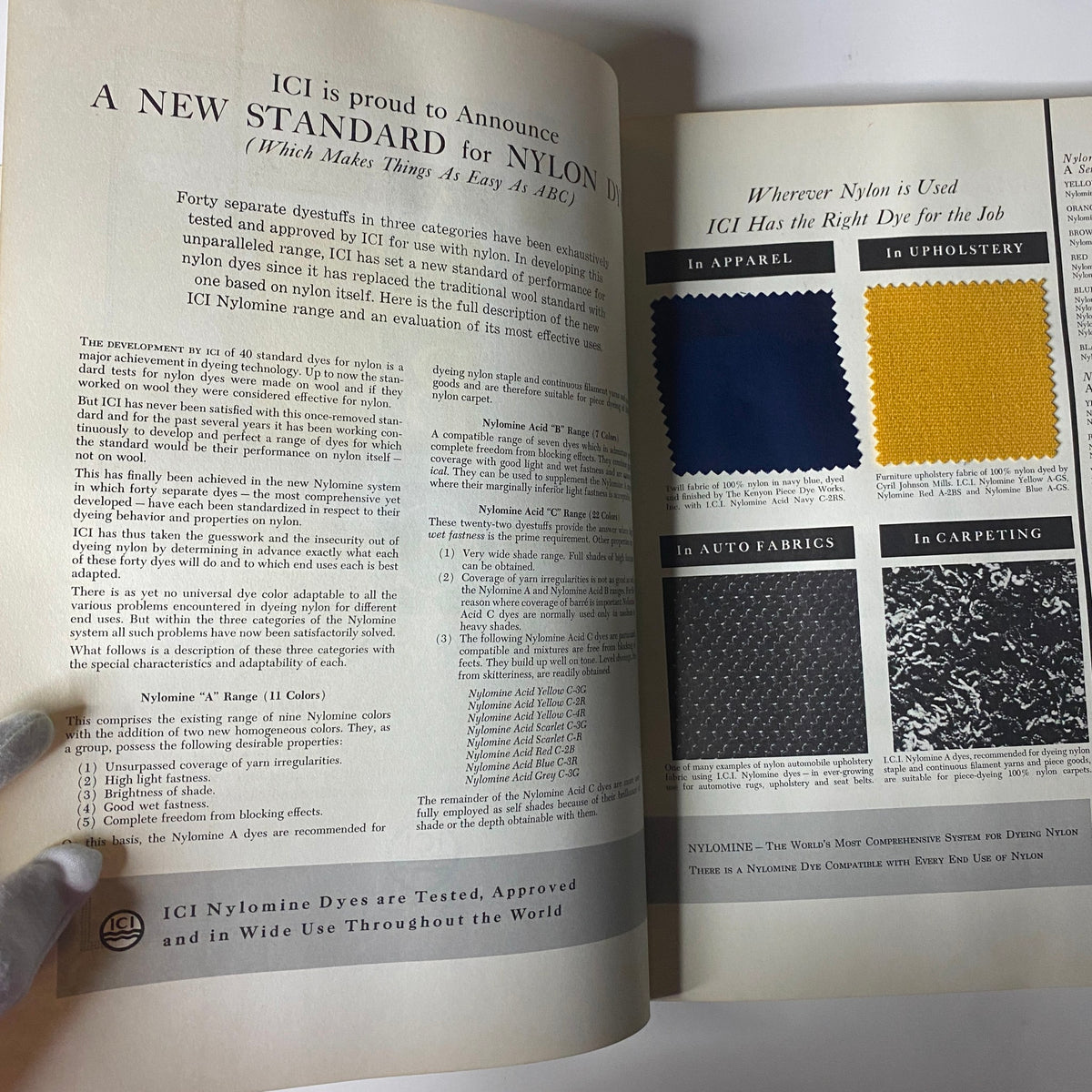 1966 American Fabrics No. 73 Fall-Winter Catalog displaying ICI nylon dye information and fabric samples for various applications including apparel and upholstery.