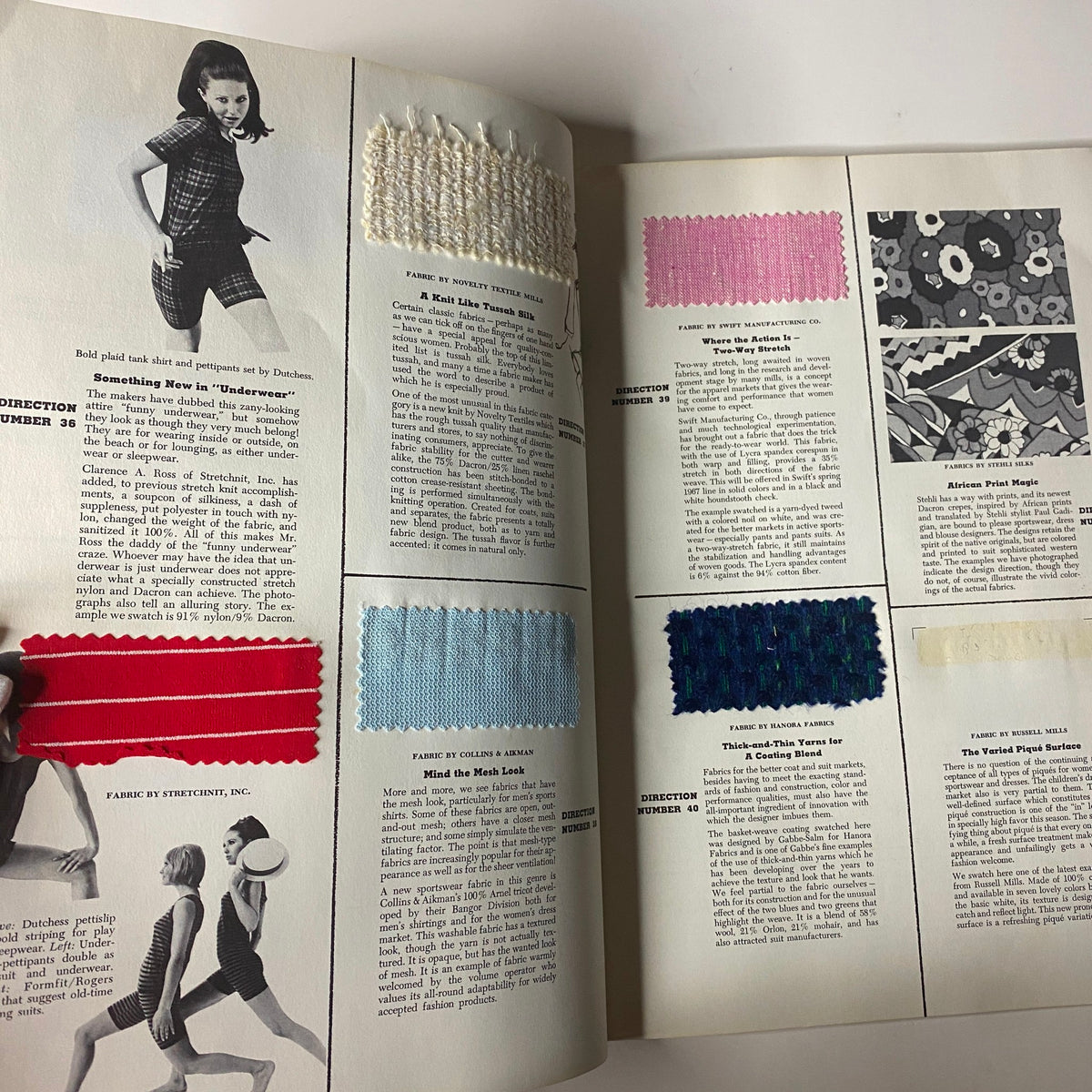 Another interior page from the 1966 American Fabrics No. 66 Summer Catalog featuring fabric samples and fashion insights, highlighting trends in textiles and style for summer fashion.